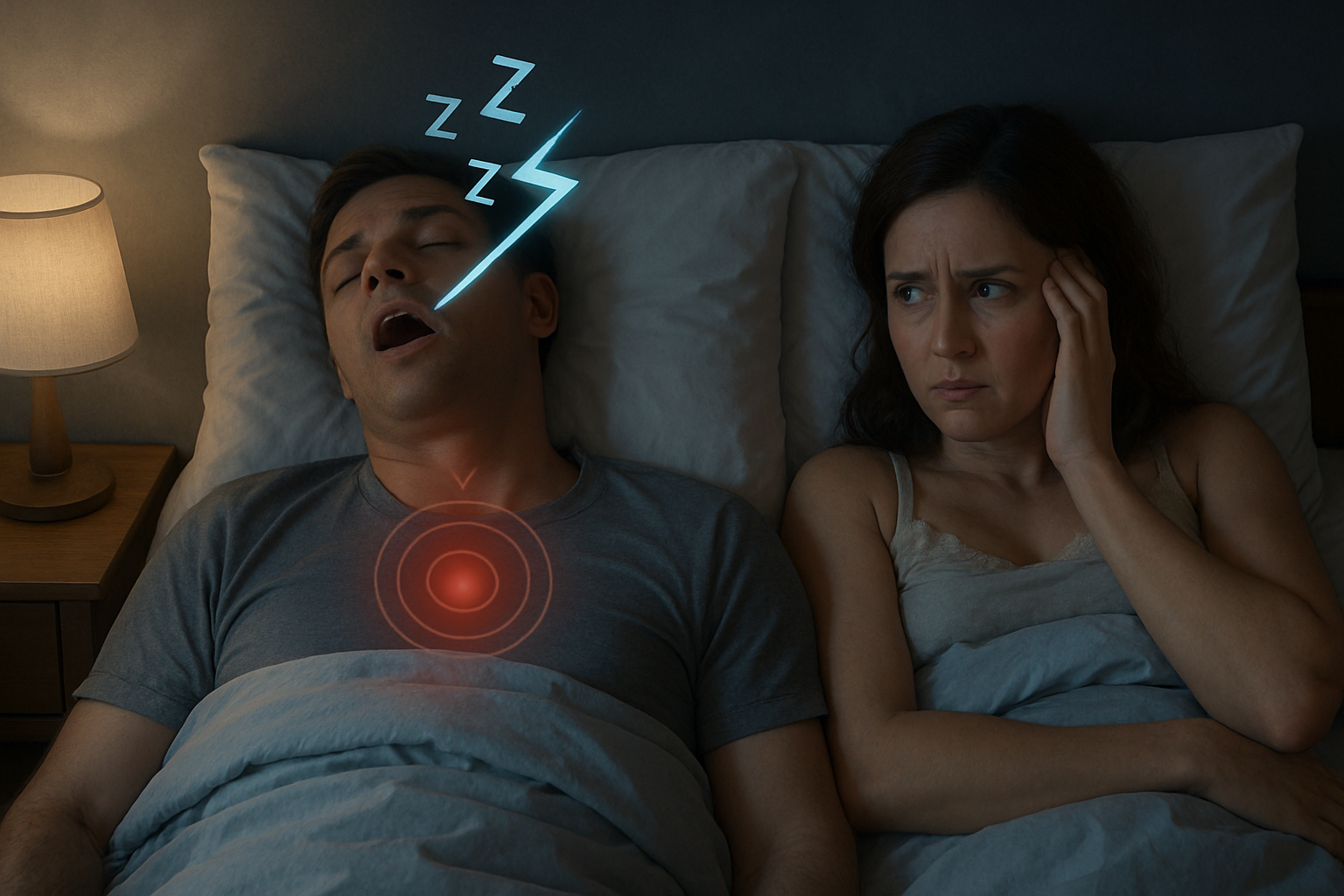 Person sleeping with snoring symptoms and breathing pauses characteristic of sleep apnea
